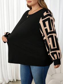 SHEIN CURVE+ 大色块图案拼接灯笼袖休闲宽松女上衣，装扮秋冬 - 彩色 - 查看 5