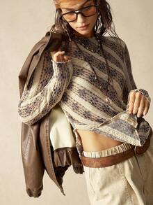 Bohemela 女式休闲纯色针织蕾丝圆领长袖上衣 - 杏色 - 查看 3