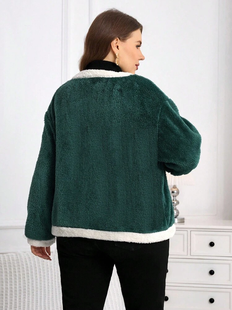 Jaqueta Quente e Felpuda de Contraste de Cor para Mulheres Plus Size, Outono Inverno, Saída, Novidade 2025, Simples e na Moda para Uso Diário, Inverno Plus Size, Natal para Mulheres, Ano Novo