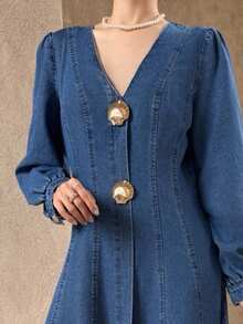 K-Vae Women's Autumn And Winter V-Neck Rose Button Dress, Long A-Line Dress, Elegant Commuter Dress, Party Dress,New Year's Wear - Dark Wash - View 7