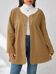 EMERY ROSE Jaket Kasual Wanita Ukuran Besar Warna Polos, Musim Gugur/Musim Dingin - Coklat - View 6