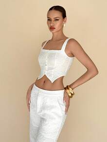 Chiquease Conjunto de top corto y pantalones texturizados de estilo casual y elegante para mujer - Blanco - Ver 5