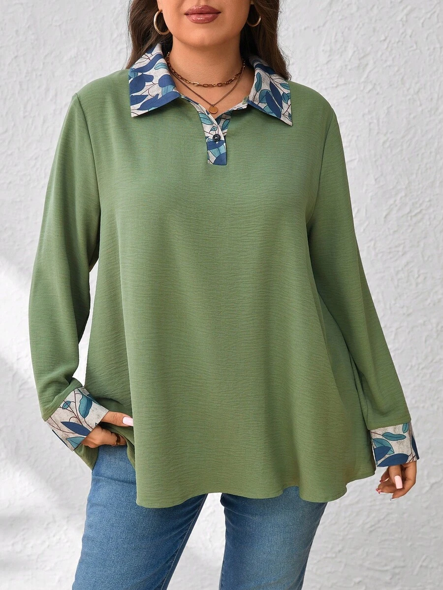 SHEIN Plus Size Women V-Neck Patchwork Floral Pattern Casual Commuter Minimalist Long Sleeve Shirt, Suitable For All Seasons - Army Green - View 1