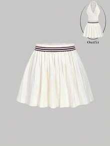 SHEIN MOD Women's Contrast Color Trim Pleated Short Knit Skirt,Off-White,Autumn,Casual,School,Back-To-School,Fall/Winter Halloween Costume Party Mini Skirts - Apricot - View 1
