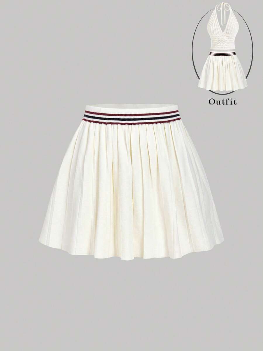 SHEIN MOD Women's Contrast Color Trim Pleated Short Knit Skirt,Off-White,Autumn,Casual,School,Back-To-School,Fall/Winter Halloween Costume Party Mini Skirts - Apricot - View 1