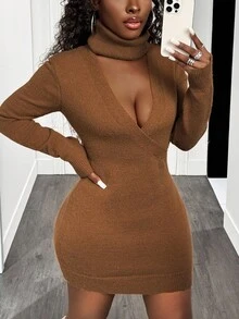 BamGleam Women's Deep V-Neck Long Sleeve High Collar Fitted Casual Knit Sweater Dress, Autumn/Winter