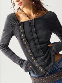 Bohemela Casual Solid Color Knit Versatile Neckline Design Long Sleeve Fitted Washed Women T-Shirt,Fall,Fall Clothes For Women