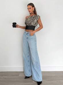 Siren Gaze Women's Casual Elegant Ruched Cropped Oblique Shoulder Top, Suitable For Summer, Everyday Wear, Zebra Print, Color Blocking - Multicolor - View 4