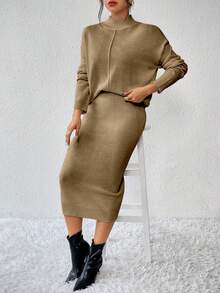 SHEIN 2件套：休闲立领长袖上衣和优雅针织裙 - 卡其色 - 查看 3