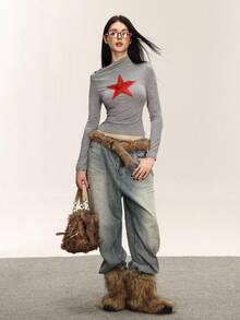 Rina Fox Women's Pentagram Pattern Mandarin Collar Long Sleeve Fitted Casual T-Shirt