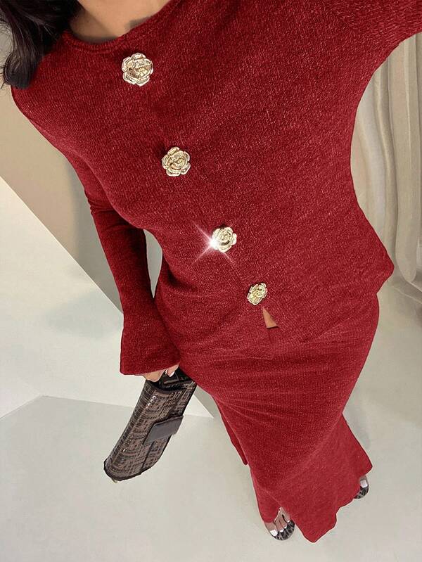 Glamine Simple Elegant Brown Round Neck Cardigan With Metal Buttons, Long Sleeve Knit Top For Women Fitted Mermaid Hem Faux Fur Knit Skirt For Women Women's 2-Piece Set, Suitable For Sister Gatherings, Formal Dinners, And Party Outfits, Christmas