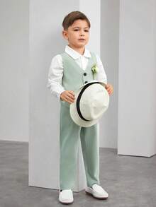 2 件套年轻男孩绅士套装 - 背心夹克 + 裤子，优雅正式西装，适合生日派对、婚礼、周年纪念、毕业典礼、婚礼嘉宾、花童、戒指持有者 - 綠色 - 查看 3