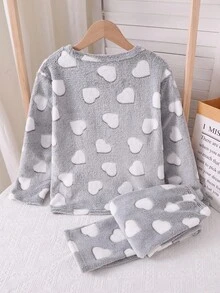 Genkimix Kids 女童灰色羊毛心形睫毛刺绣长袖上衣和裤子套装