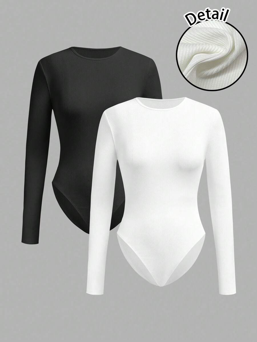 SHEIN BASICS 2 件套女士休闲罗纹紧身衣,黑白,百搭分层单品,适合秋冬季 - 彩色 - 查看 1