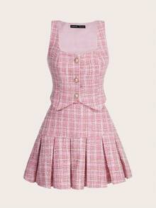 SHEIN MOD 女士优雅粗花呢背心和裙子两件套 - 彩色 - 查看 4