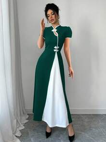 Rafferiza Women's Contrast Color Button Design Puff Sleeve Elegant Dress - Dark Green - View 7