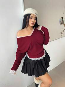 Vibekara 大尺碼女款蝙蝠袖羅紋T恤，對比蕾絲飾邊時尚套頭上衣，優雅秋季日常酒紅色深紅色上衣 - 紅色 - 查看 4