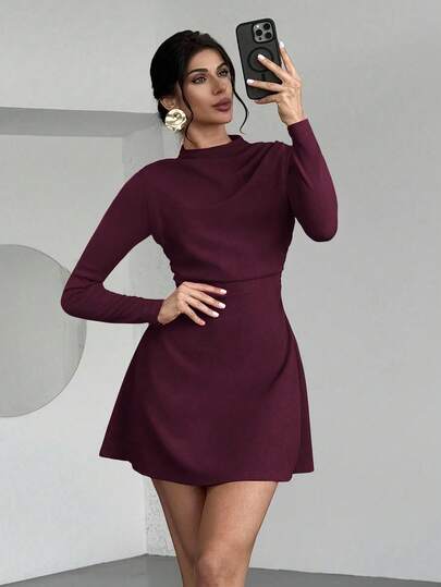 Firerie Women's Elegant Minimalist Delicate Romantic Sweet Daily Commute Wedding Party Music Festival Holiday Pleated A-Line Mini Dress, Red Long Sleeve