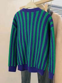 Jouncy Suéter holgado de mujer con cuello en V, estampado de rayas y mangas largas, para otoño/invierno - Verde Oscuro - Ver 2