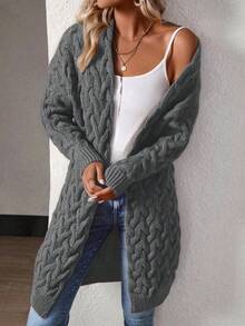 EMERY ROSE Christmas Cardigan For Women Women's Casual Solid Color Cable Knit Cardigan, Autumn/Winter Long Knitted Cardigan - Dark Grey - View 3