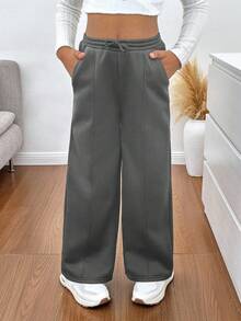 SHEIN Tween Girls' All-Match Loose Leg Sweatpants, Casual & Fashionable For Everyday Wear - Dark Grey - View 3