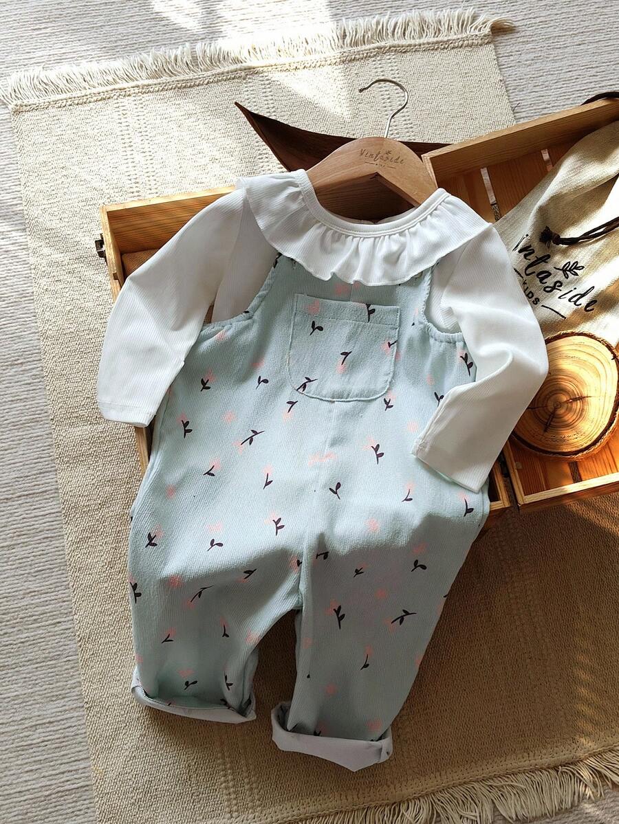 Vintaside Kids 女婴纯色荷叶边长袖上衣和花卉印花围兜裤套装,适合花园拍摄、居家休闲和参加聚会 - 彩色 - 查看 1
