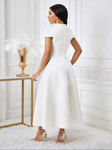 SHEIN Lady 女士纯色V领短袖优雅连衣裙，适合派对和聚会场合 - 黑色 - 查看 2