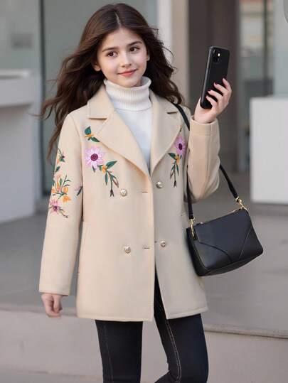 SHEIN Chaqueta elegante de fiesta casual de cuello vuelto y media longitud para niñas