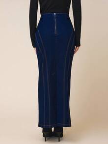 COSMINA 女式高腰鱼尾下摆长款优雅牛仔半身裙 - 藏蓝色 - 查看 2