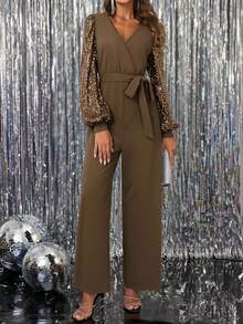 Gownix Women's Elegant Sequin Lantern Sleeve Surplice Neck Belted Jumpsuit, Suitable For Party In Autumn/Winter - Coffee Brown - View 4