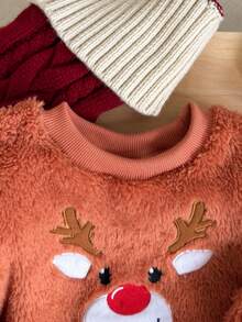 Playful Pals 幼儿男童可爱棕红色刺绣鹿绒圆领长袖上衣和羊毛裤套装，适合居家、休闲、日常穿着、角色扮演、秋冬 - 橘色 - 查看 7