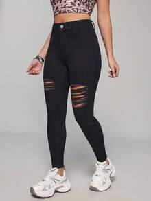 SHEIN PETITE Lässige vielseitige einfarbige Jeans mit Distressed-Effekt in Slim Fit für zierliche Frauen - Schwarz - Übersicht 4