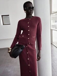 Lumivelle Set elegant de 2 piese pentru femei, cu pulover parfumat, mânecă lungă, guler rotund și fustă maxi, potrivit pentru ocazii formale în toamnă/iarnă - roșu - Vizualizare 3