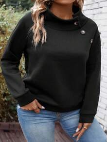 EMERY ROSE 全新时尚休闲大码女式特殊领扣细节运动衫，冬季服装 - 黑色 - 查看 3