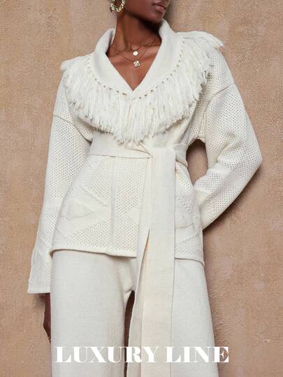 Lumalex VITNOS 奢华秋冬女士休闲长袖流苏针织开衫长裤套装，优雅百搭，日常舒适休闲，秋冬休闲穿搭，时尚秋季，派对造型，奢华服饰，女士秋冬服装，新年装扮，大地色系女装，优雅套装，法式优雅，舒适毛衣，周末穿搭，秋季职场穿搭，今秋时尚之选，适合约会、外出、夜生活、派对、婚礼、假日、度假、生日等场合，女士舒适秋冬服装。