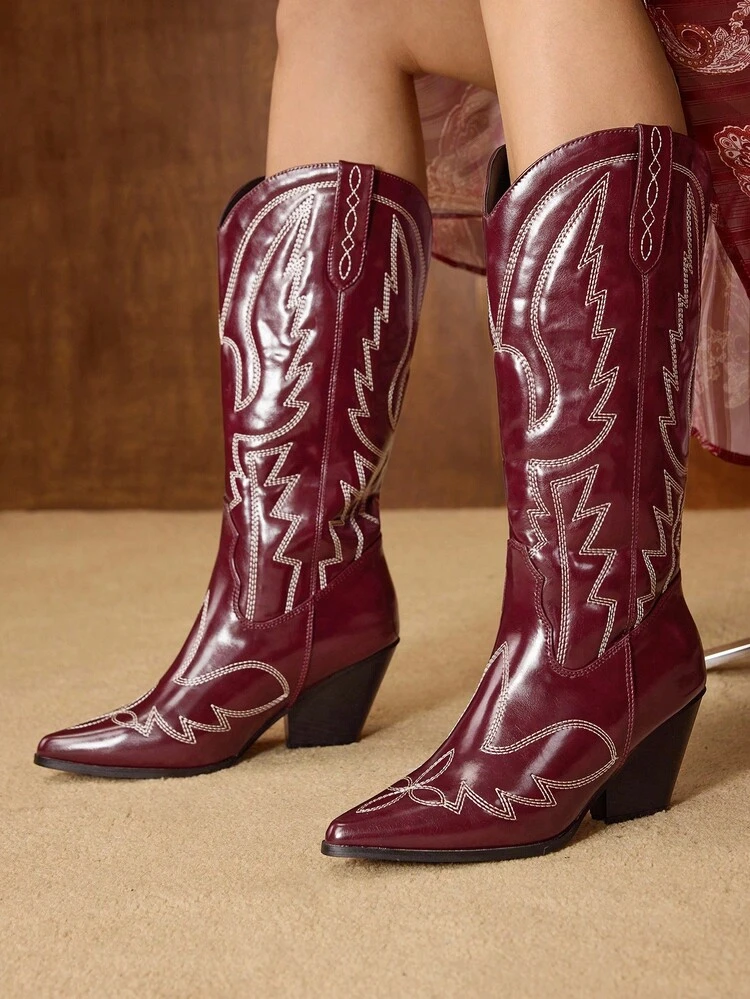 BOTTES D'ÉQUITATION À BOUT POINTU AVEC SEMELLE ÉPAISSE ET BRODERIE, BOTTES MI-MOLLET MODE POUR L'AUTOMNE/L'HIVER