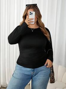 SHEIN CURVE+ 冬季加厚圆领修身长袖保暖T恤，休闲日常穿着，适合节日和感恩节穿着 - 黑色 - 查看 7