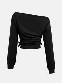 Girlism 青少年女孩春夏街头、基本款、休闲款、百搭款、运动时尚斜肩字母印花短款腰部褶皱运动衫上衣、裤子、返校服装 - 黑色 - 查看 7