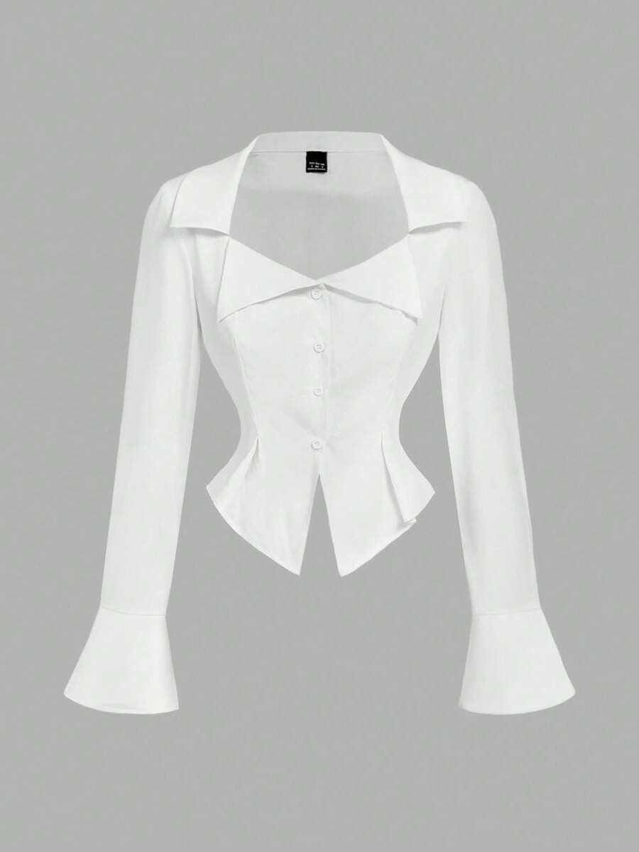 SHEIN MOD 女式纯色领侧褶长袖休闲衬衫 - 白色 - 查看 1