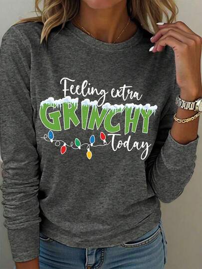 EMERY ROSE Plate-Size, Ladies' Plate-Size Christmas Tree Print T-Shirt With The Words "Merry Christmas" - Loose Round-Neck Short-Sleeved Casual Top, Dark Grey With Colorful Holiday Design, Suitable For Christmas Parties And Casual Outfits