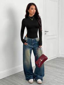 SHEIN PETITE 女士立领长袖休闲紧身衣