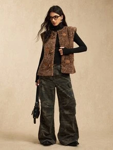 Easelle 大码女式按扣前仿皮草衬里背心，休闲西式保暖夹克 - 棕色 - 查看 8