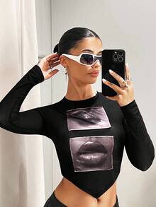SHEIN ICON Women's Eyes And Lips Printed Cropped Black Top - Black - View 3