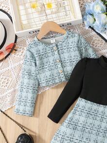 SHEIN Elladie kids Young Girl Plaid Print Button Front Long Sleeve Jacket And Mini Skirt Elegant 2 Pieces Set - Teal Blue - View 7