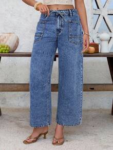 EMERY ROSE Women's Casual Low Waist Pink Cropped Jeans Baggy Jeans Y2k Cowgirl Jeans Barrel Jeans Wide Leg Jeans Woman Loose Jeans - Medium Wash - View 4