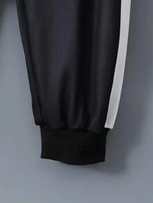 2 件套休闲撞色设计圆领套头衫套装，适合青少年男孩，适合日常通勤和运动穿着 - 黑色 - 查看 3