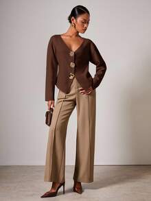 COSMINA Cardigan feminino elegante com botões de metal e decote em V, outono/inverno - Castanho Café - Ver 3