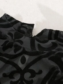 Viva Relle 大码女式性感优雅透明网眼全图案立领喇叭袖紧身衣 - 黑色 - 查看 6