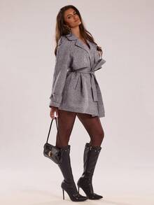 SHEIN BAE 秋冬时尚格纹宽松休闲短款毛呢外套 - 紫色 - 查看 4