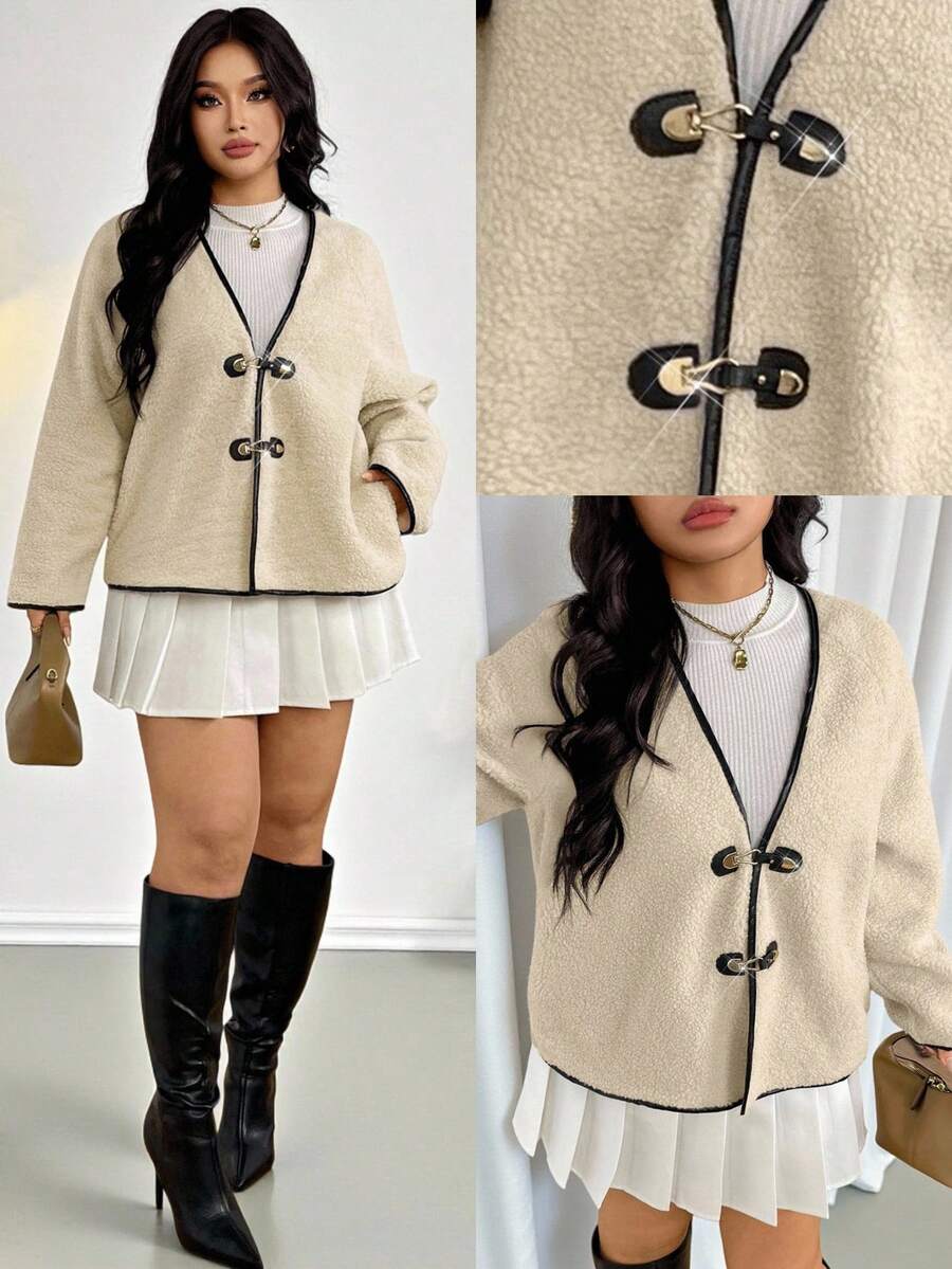 Firerie Veste décontractée rétro pour le retour à l'école, à manches longues, à double boutonnage,  avec boutons métalliques, doublée de sherpa, col en V, coupe ample, avec passepoil contrastant, pour femmes grandes tailles, pour l'automne/l'hiver